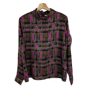 Anna & Frank Silk Blouse Women's L Leopard Print Pink High Neck 80's Y2K Retro